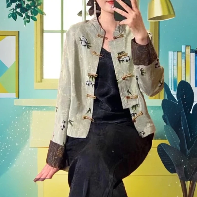 [熊猫]2025新品新中式气质新中式国风宽松立领提花上衣外套158