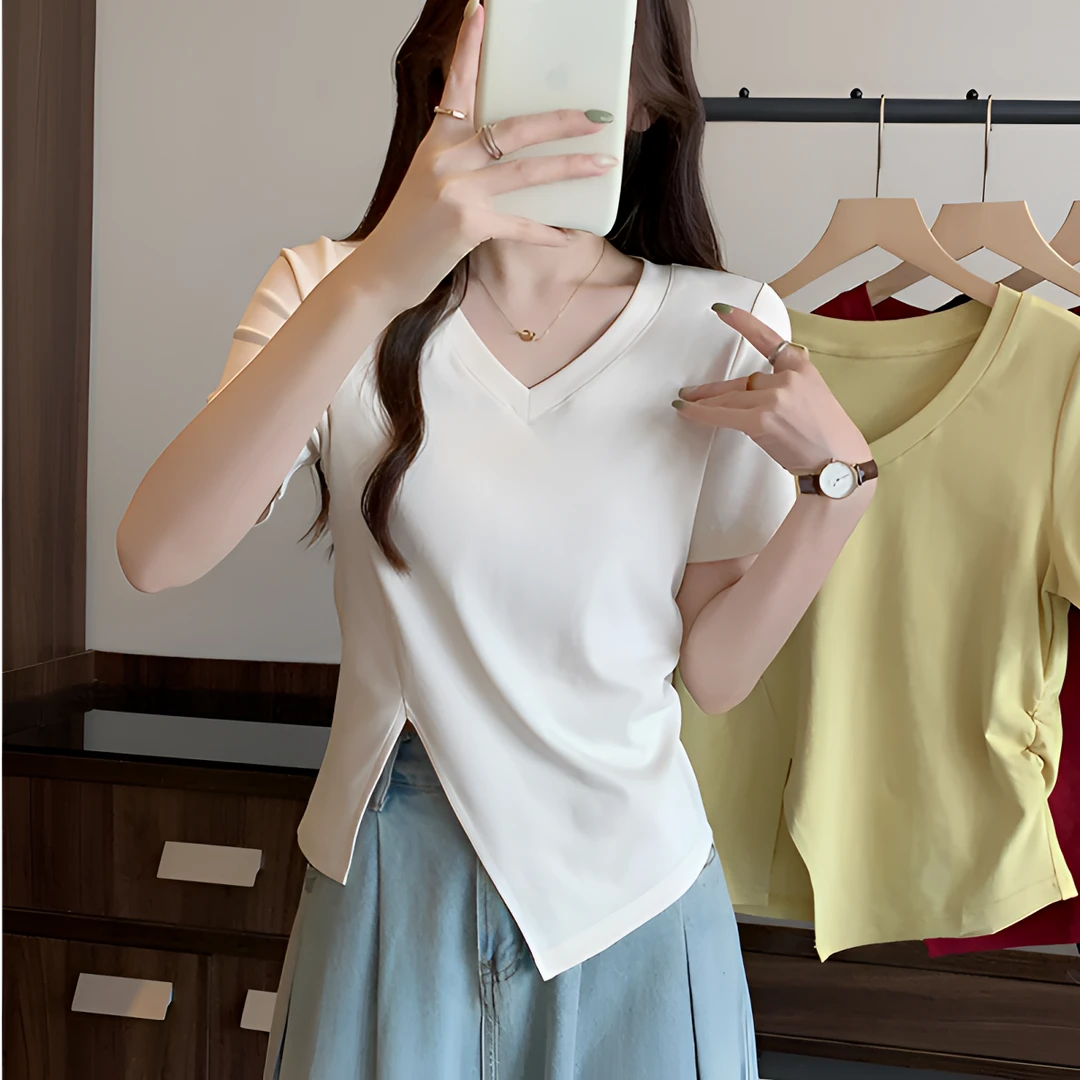夏季法式减龄V领T恤女百搭修身显瘦开叉不规则半袖设计感时尚上衣