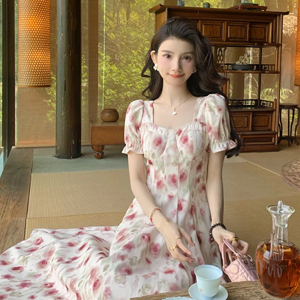 【YUNMEI】胖mm温柔风初恋感玫瑰碎花粉色连衣裙女夏大码长裙子