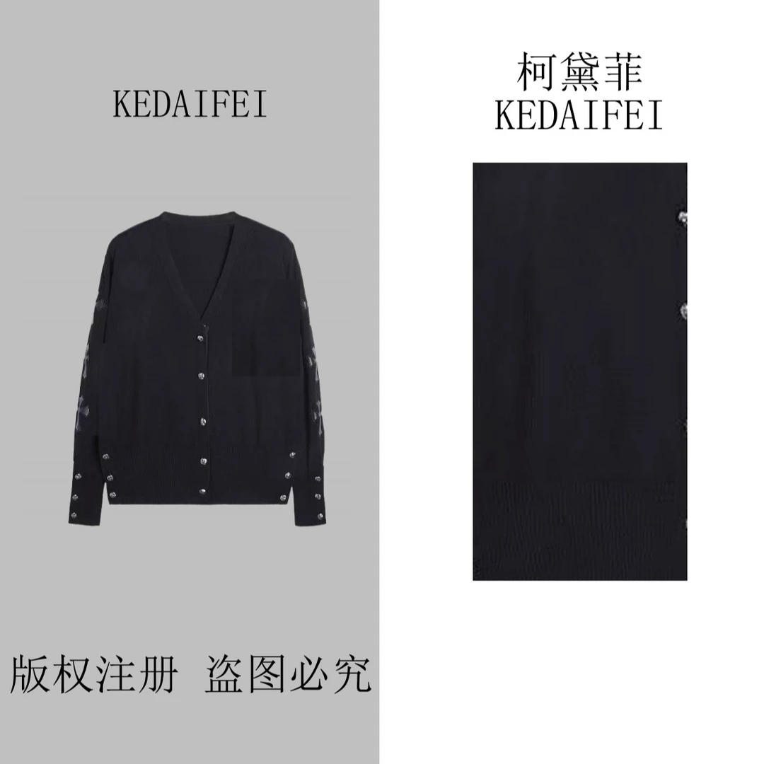 KEDAIFEI-2025秋季新款06黑色长袖毛针织衫十字架百搭常规秋季