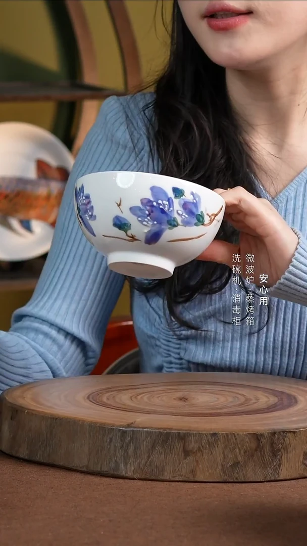 瓷景德镇高温手绘釉下彩5英寸奥碗玉兰花