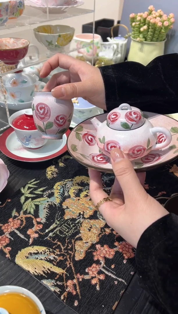 【闪购商品】粉引 般红玫瑰 茶壶+壶承+茶杯