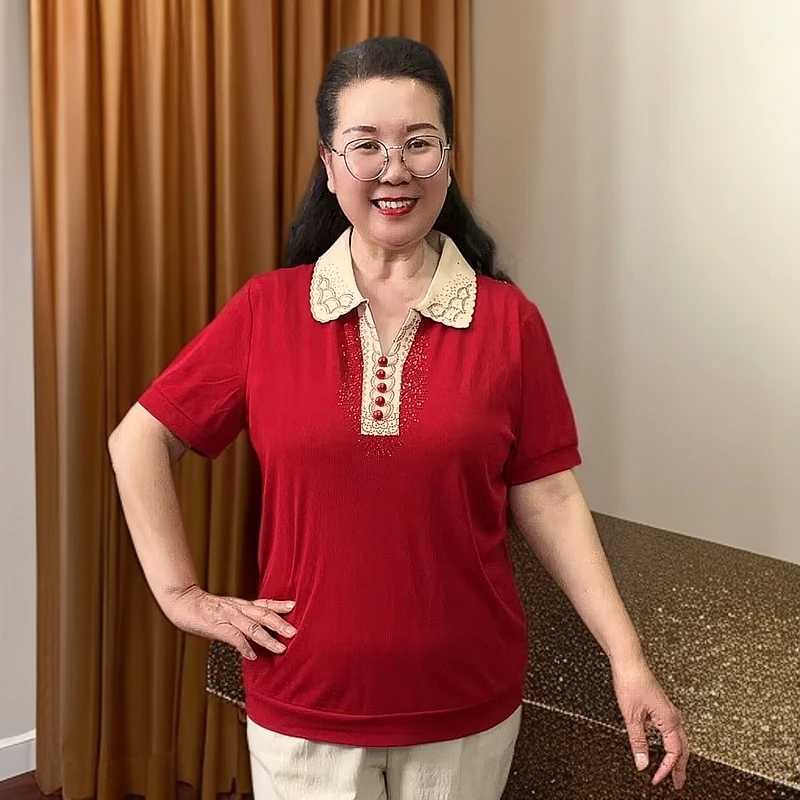母亲节妈妈装拼色翻领烫钻针织衫透气吸汗时尚百搭气质中老年上衣