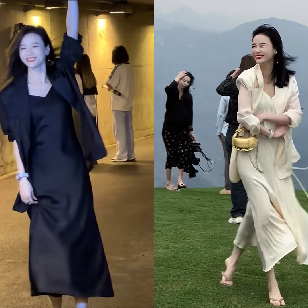 胖mm时尚防晒西装套装女高级感气质独大码2025夏轻熟吊带裙两件套