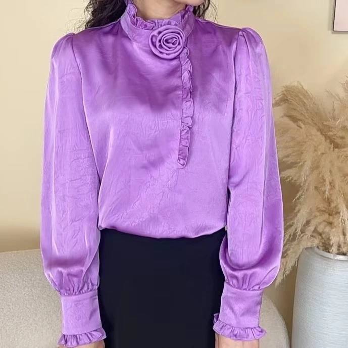 2025春季新款小衫小众时尚洋气欧货爆款高端气质木耳领紫色衬衫女