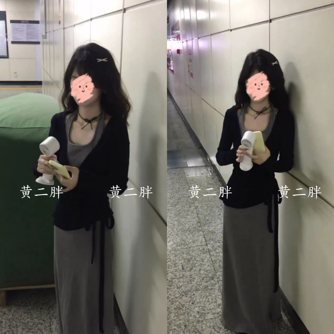 韩系灰色针织挂脖连衣裙女秋2025新款气质休闲长裙+长袖系带开衫