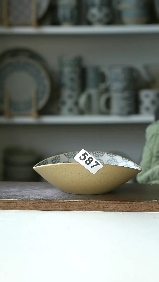 陶瓷587瑕粗陶手绘绣球海浪碗16@7-10@