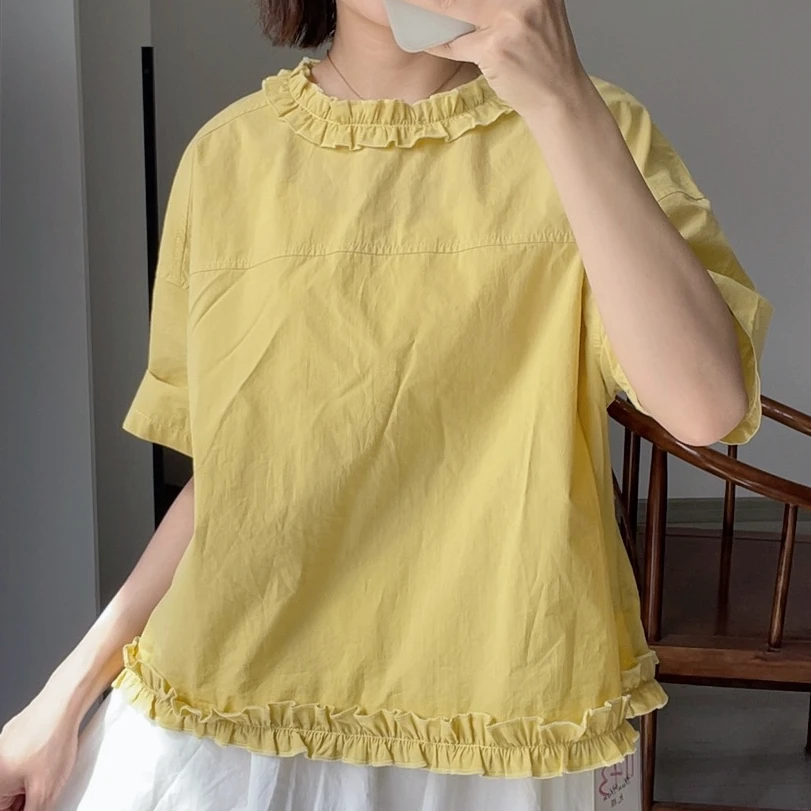 1143纯棉圆领口短袖衬衫显瘦减龄上衣新款休闲夏季显瘦百搭上衣