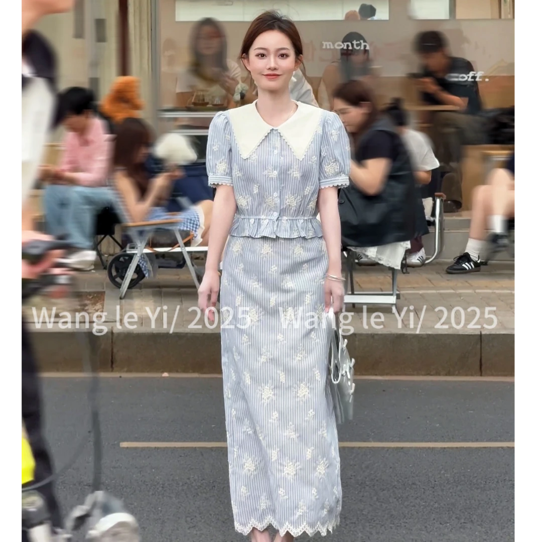 【夏日香气】韩版重工刺绣3134泡泡袖上衣法式娃娃领套装裙两件套