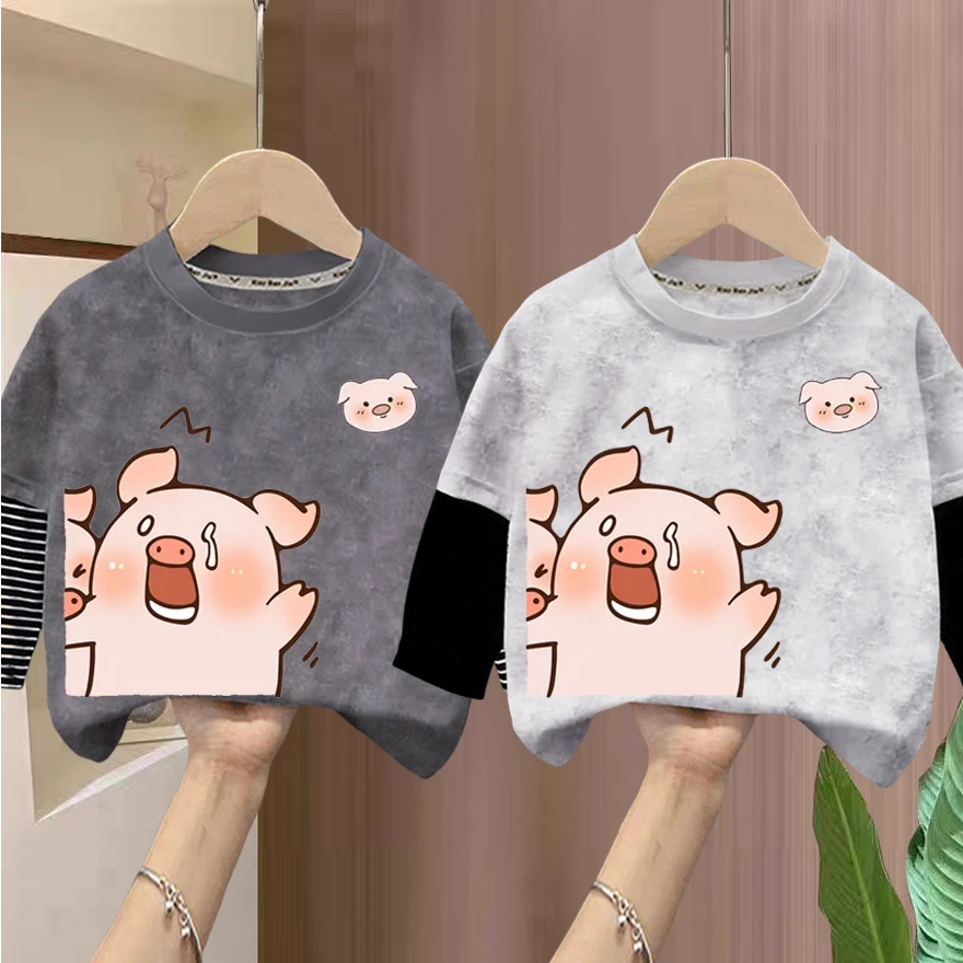 春秋季儿童新款扎染纯棉长袖可爱小猪男童t恤百搭中小童韩系上衣t