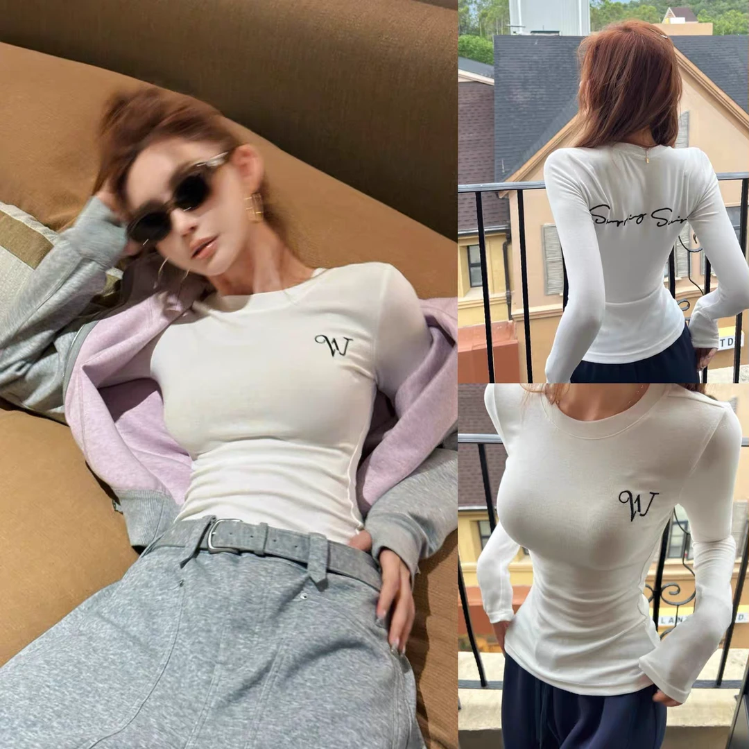 【6-8米运补-次日发】慕斯绒美式性感辣妹字母印花长袖修身圆领上衣