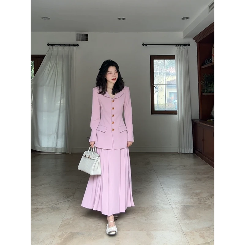 郭九九呢 气质减龄娃娃领显瘦西装外套高腰百褶半身裙 G925A01430