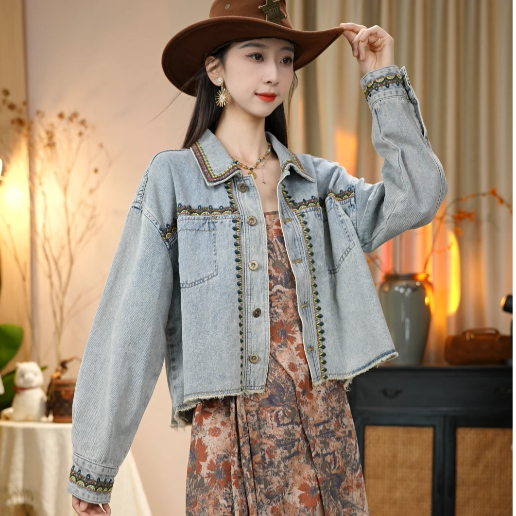 唐乐乐｜25new新款时尚休闲翻领刺绣牛仔长袖马甲外套 BF1607