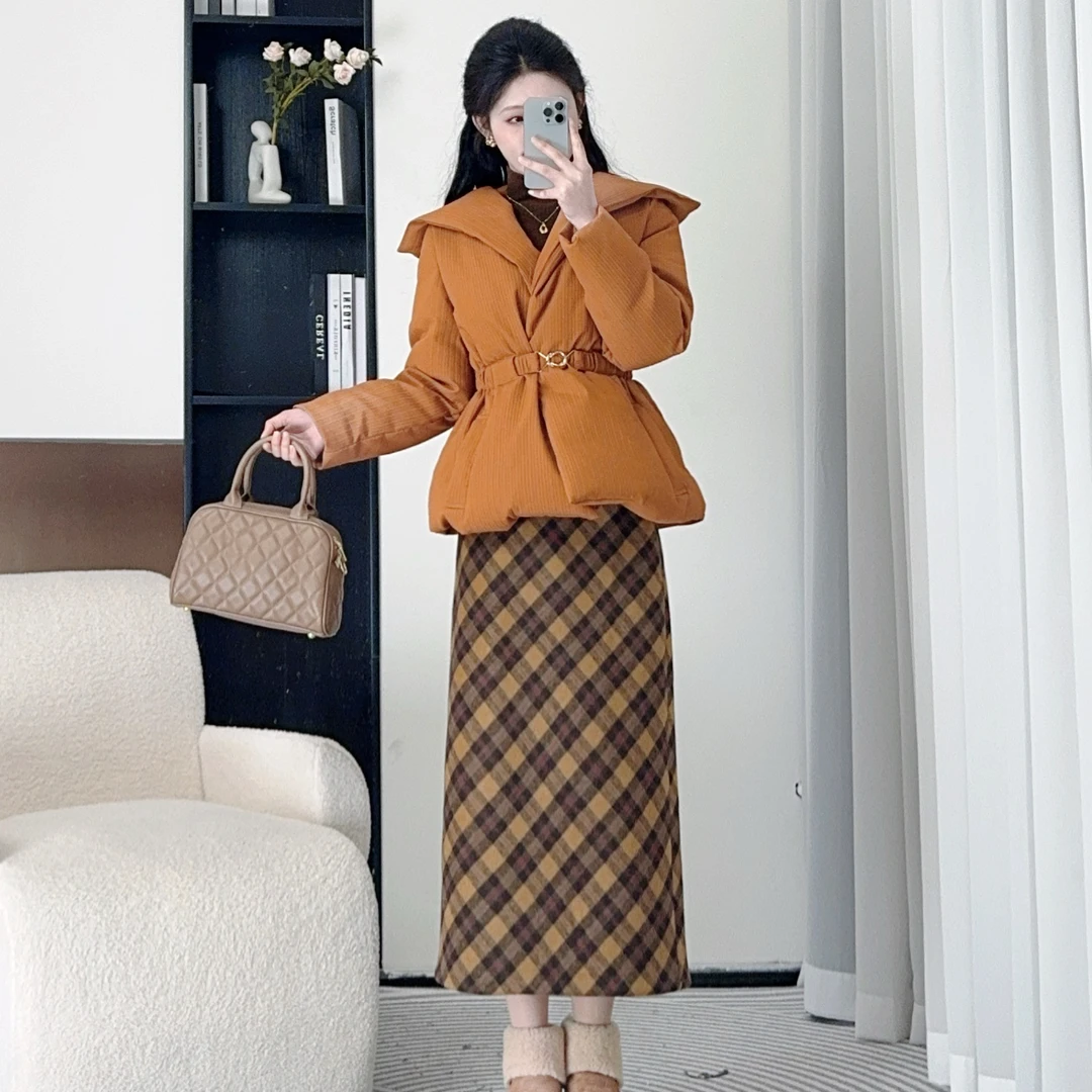 拉夏贝尔2025冬季新韩版时尚百搭轻奢气质羽绒外套+半裙10208 LHD