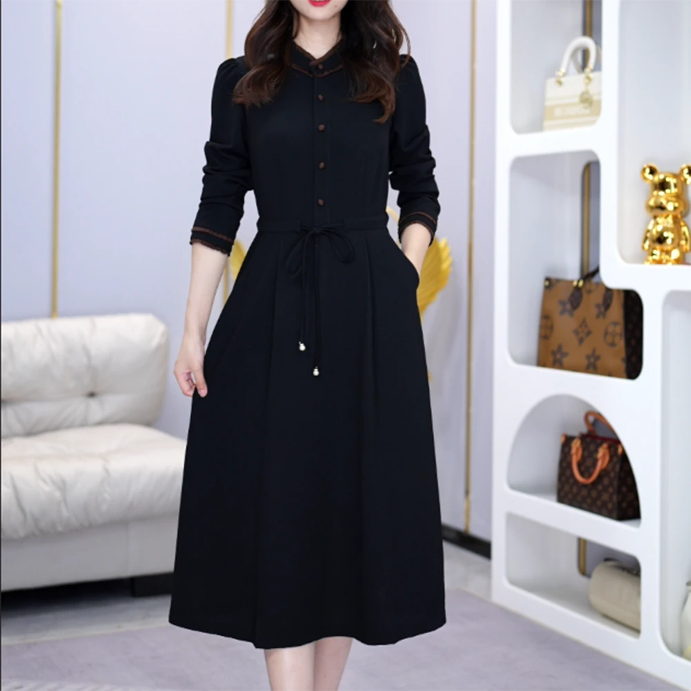 连衣裙黑色长裙春秋显瘦气质长袖时尚收腰洋气中长款修身韩版