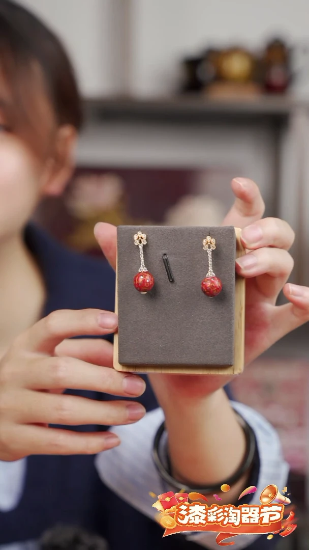 大漆漆珠耳饰 小花红金