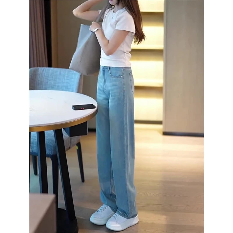 浅色莱赛尔天丝软牛仔裤女夏天薄款新款小个子高腰直筒窄版阔腿裤