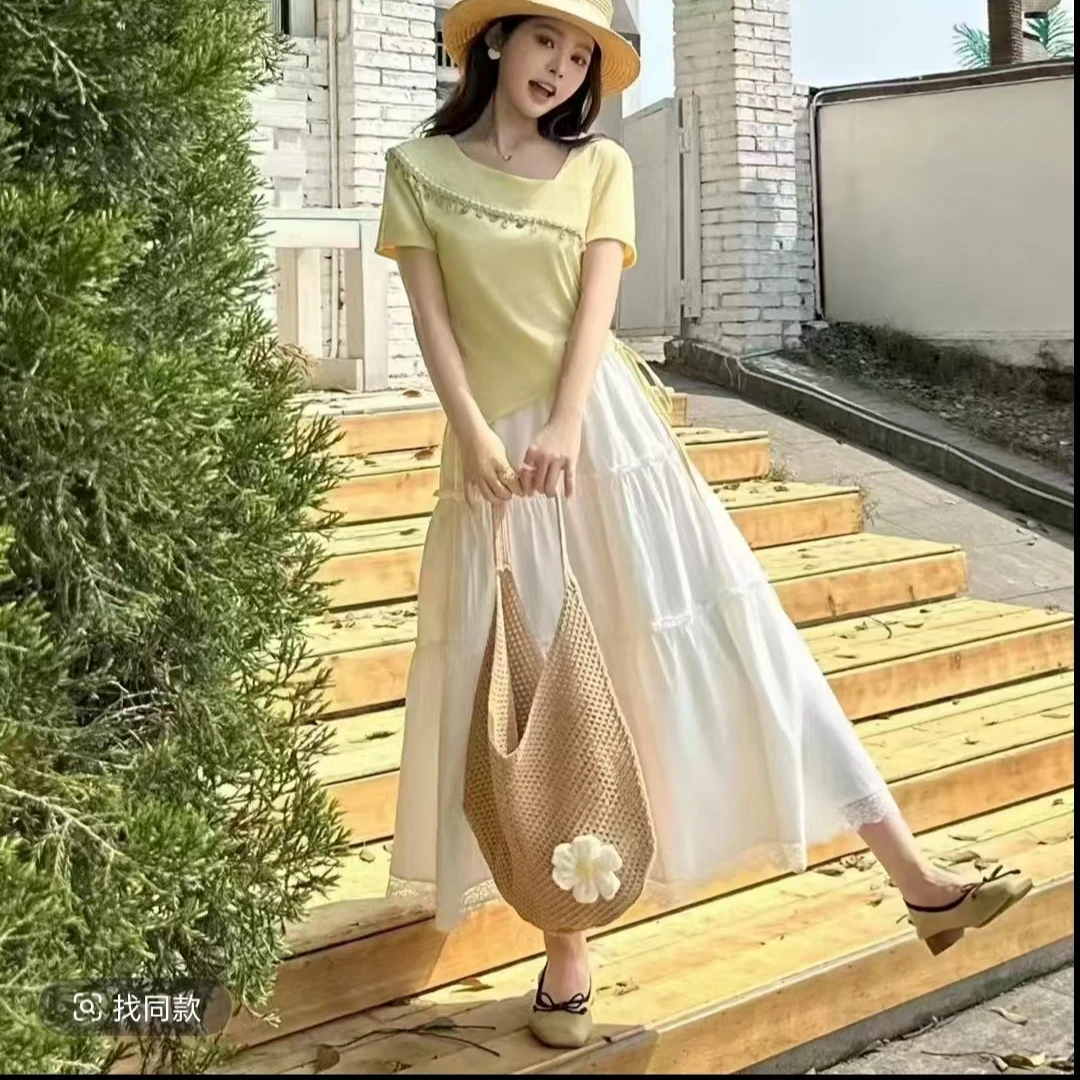民族风时尚套装夏季新款短袖不规则抽绳T恤仙女裙温柔高腰显瘦