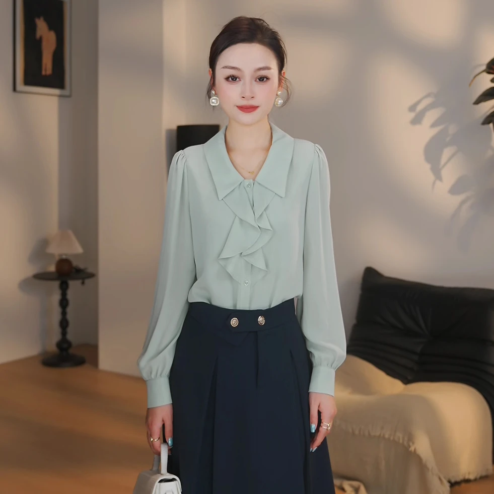 【曼贝】长袖衬衫女小众设计感新款款式气质减龄衬衣8491270【玖玖】