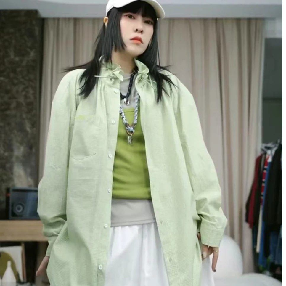 infobyfive2025春季新款绿色长袖宽松荷叶边格子衬衫NF0502169