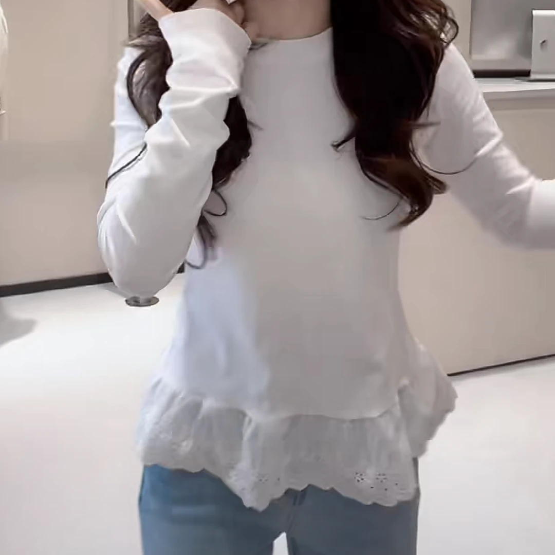 花边下摆拼接上衣2025春季新款时尚气质圆领设计感长袖打底衣