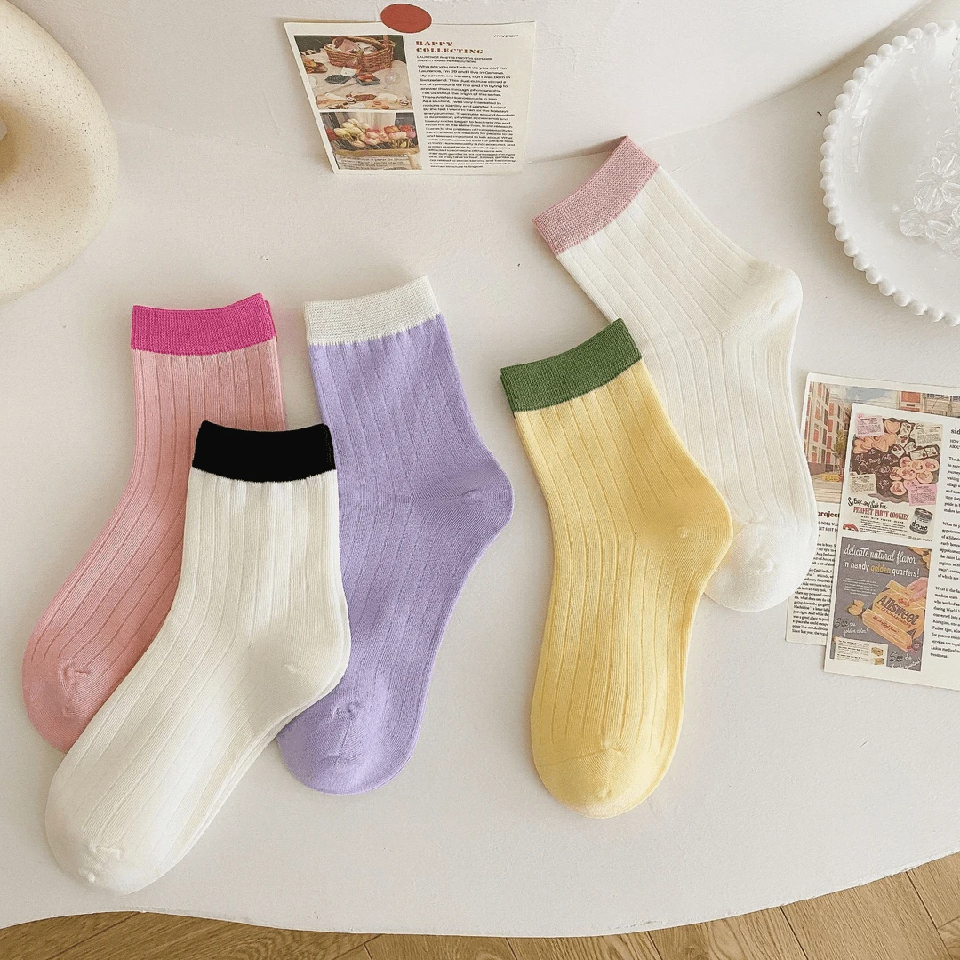 超值5双装春夏季糖果色女袜多巴胺网红袜 ins彩虹袜百搭中筒袜