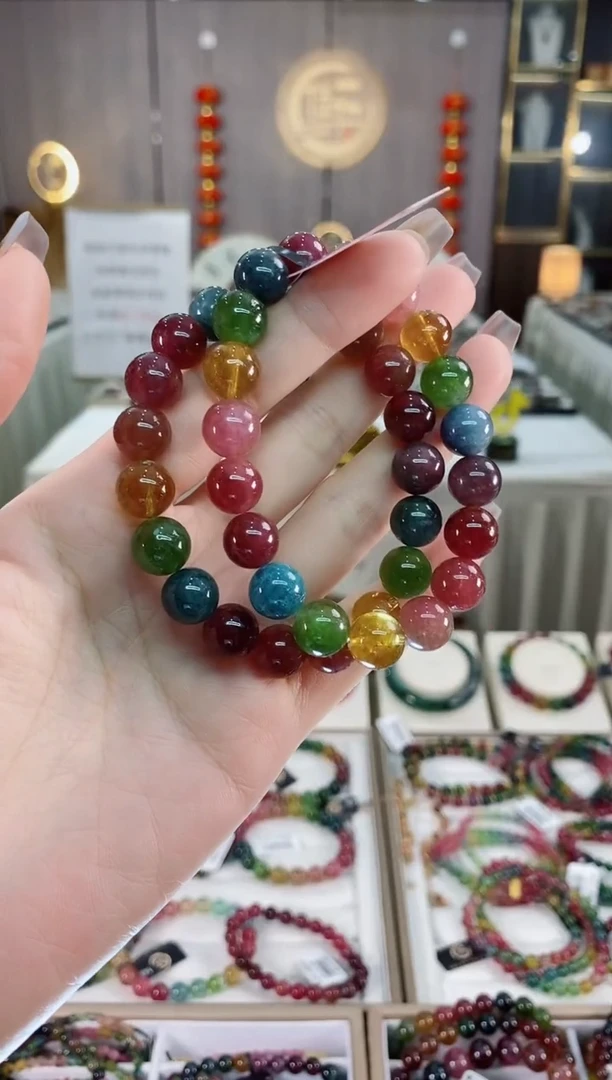 老矿碧玺色标彩虹透体单圈手串10mm+未镶嵌碧玺dan多样性发货一条
