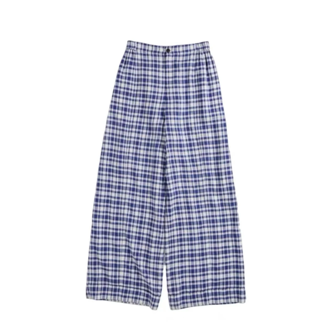 IN OASIS 春夏蓝白格纹裤松弛