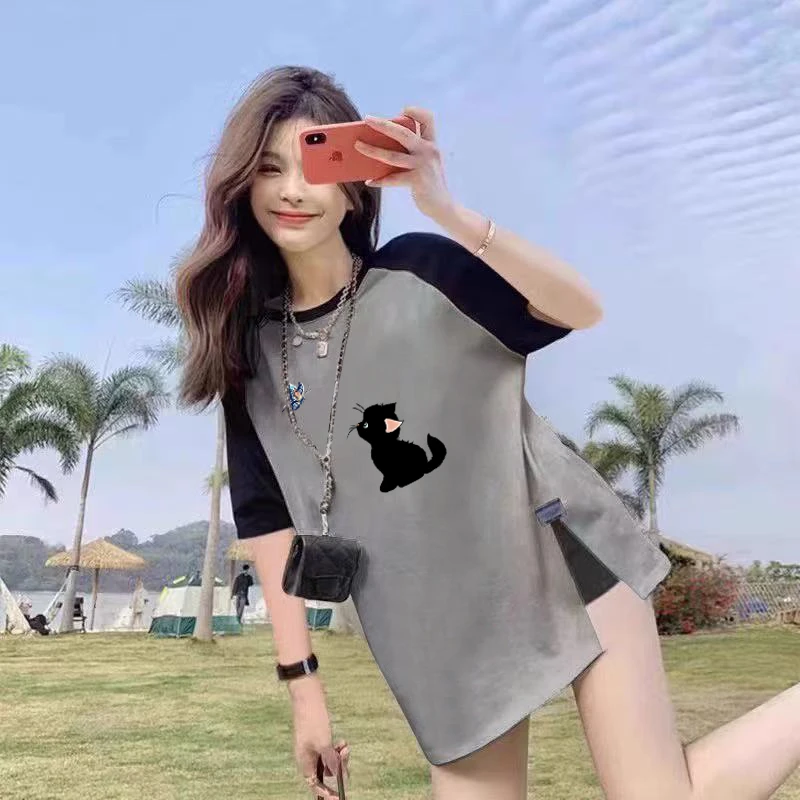 美式插肩复古撞色短袖t恤女纯棉夏季新款宽松ins设计韩版大码上衣