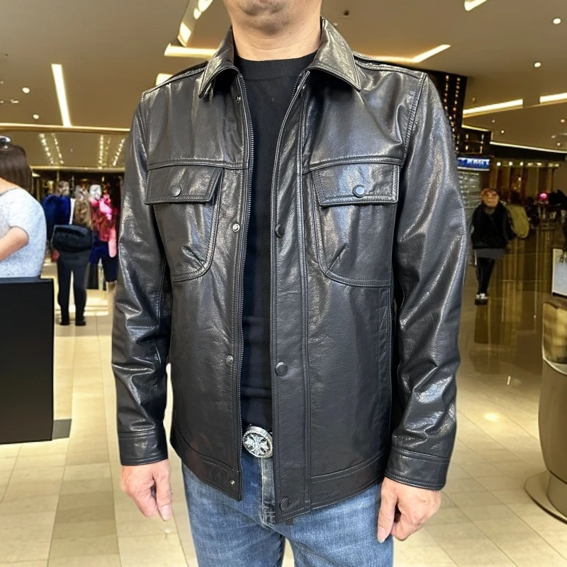 海宁真皮皮衣头层牛皮油蜡皮休闲时尚春秋短款黑色方领夹克男士