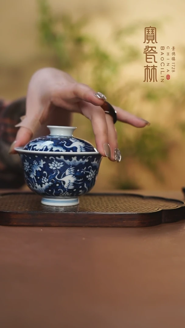 【闪购商品】青花一路连科元宝盖碗