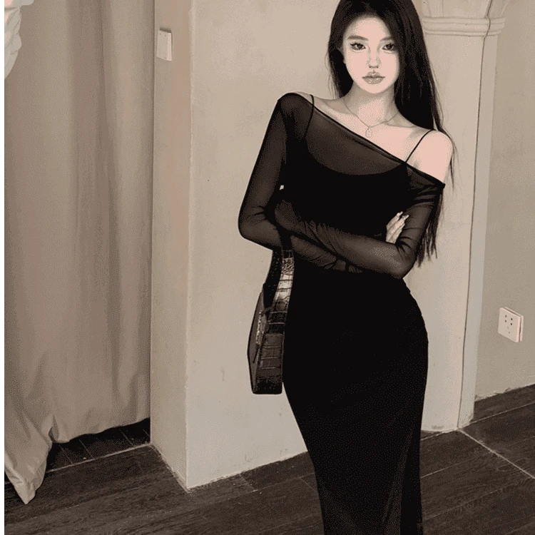 性感吊带连衣裙女夏季御姐风长袖网纱罩裙包臀鱼尾长裙叠穿两件套