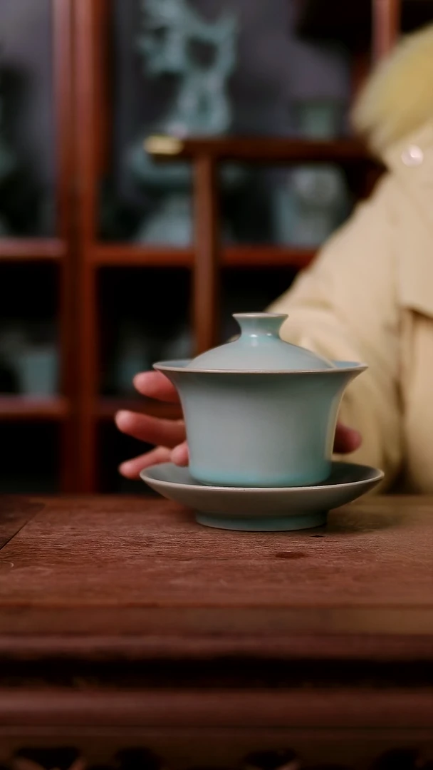 摆件陶青霁汝窑仿古釉  马蹄盖碗
