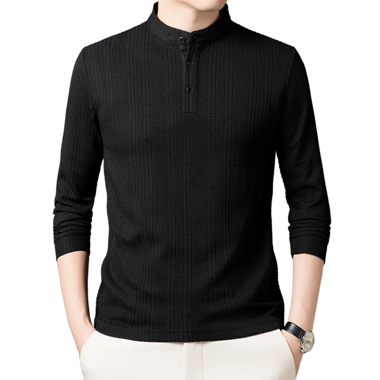 新中式立领长袖t恤男士春秋季潮牌纯色亨利领打底衫男款国潮上衣