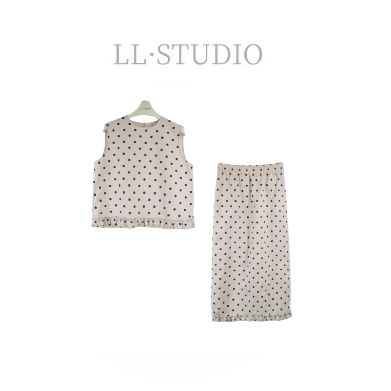 妙兮·LL夏季新款韩系气质无袖圆领波点上衣+中长裙套装*20251123