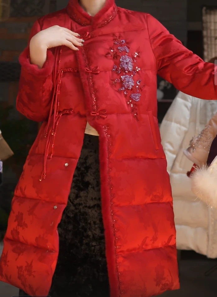 【奈雪】2024新款冬季加棉加厚中长款外套新中式国风绣花保暖上衣女