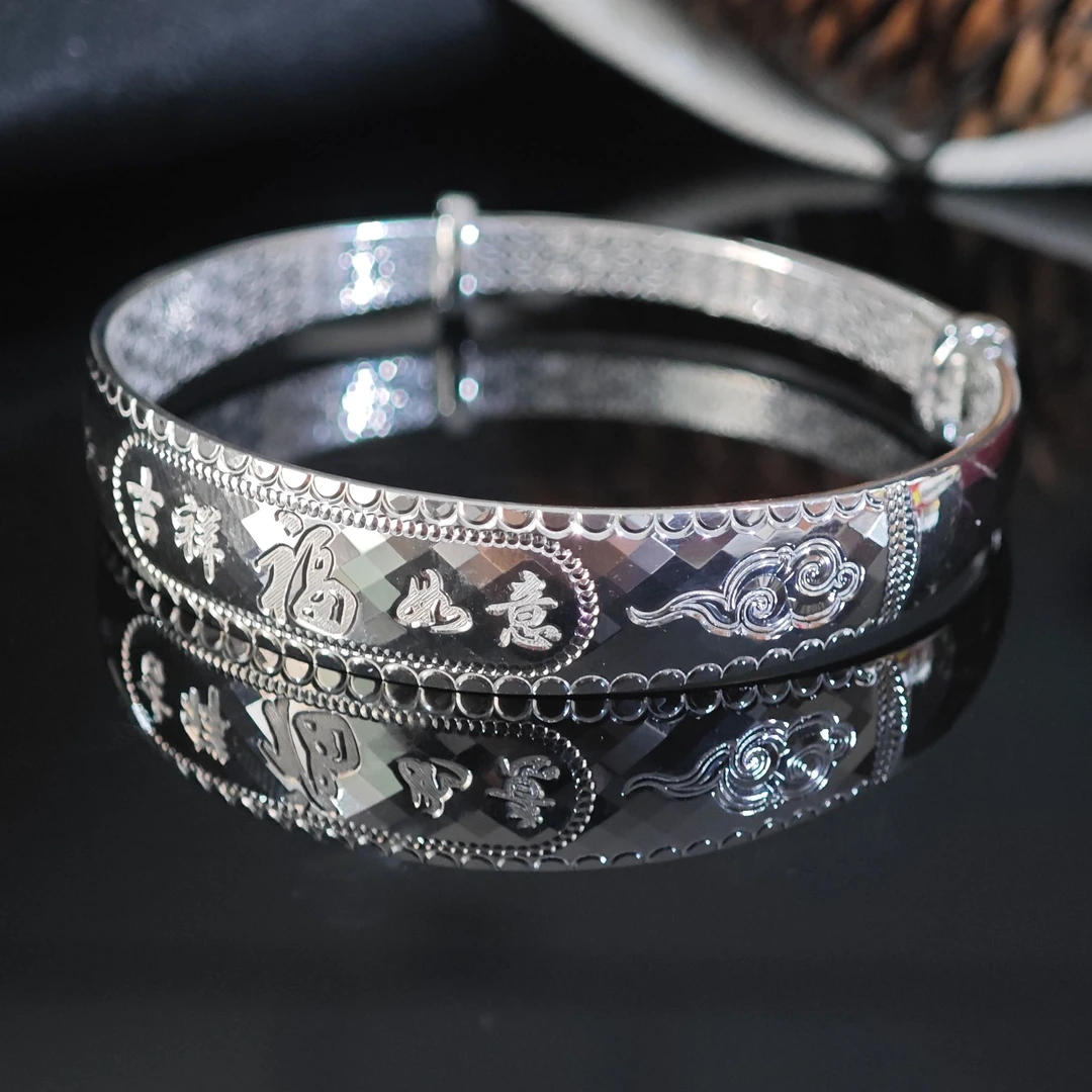 足银手镯 亮菱形面福字吉祥如意祥云推拉款足银手镯TS25128061769