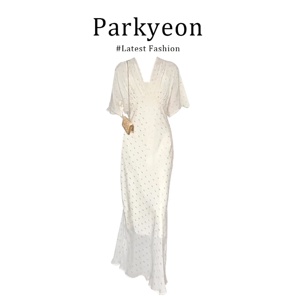 parkyeon法式轻奢优雅气质V领波点连衣裙女温婉大方时尚显瘦长裙