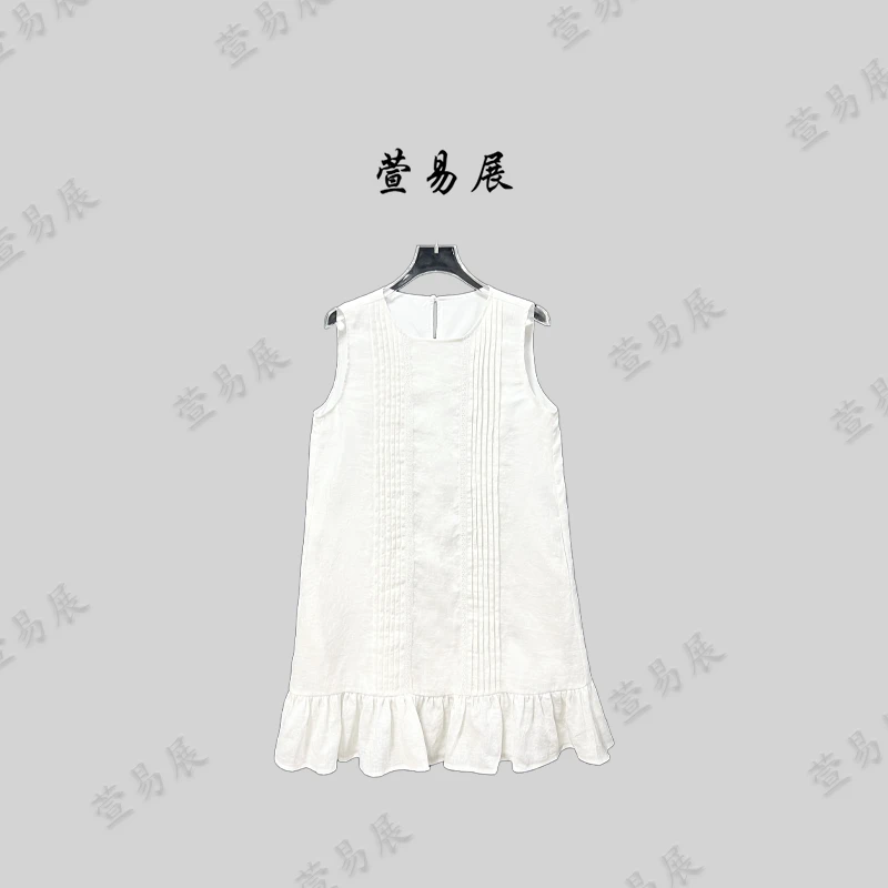 萱易展-“艺术生”100亚麻设计师风琴褶蕾丝刺绣连衣裙-QZ062701