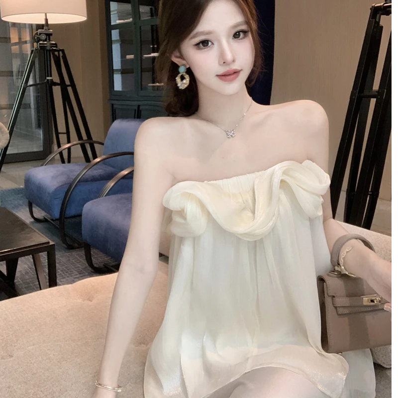 荷叶边雪纺抹胸背心夏季新款纯欲辣妹气质露肩上衣法式绝美娃娃衫