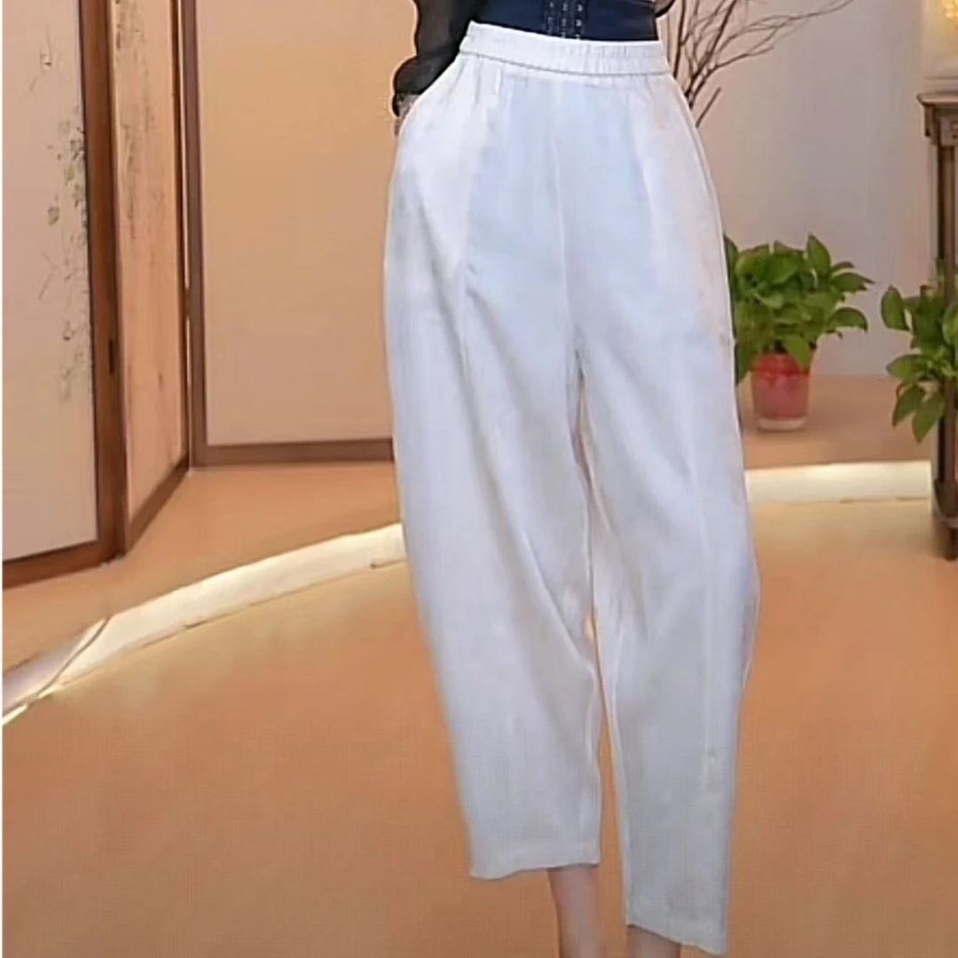 新（1-4）薄款黑白哈伦松紧腰女宽松大码高腰休闲灯笼萝卜九分裤