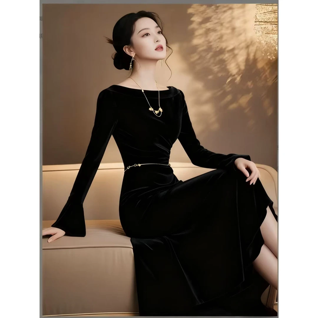 秋冬新款高端时尚穿搭气质女神范轻熟风礼服裙子黑色丝绒连衣裙女