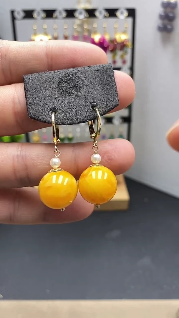 【闪购商品】蜜蜡耳饰银S925镀金镶嵌尺寸16mmZ6