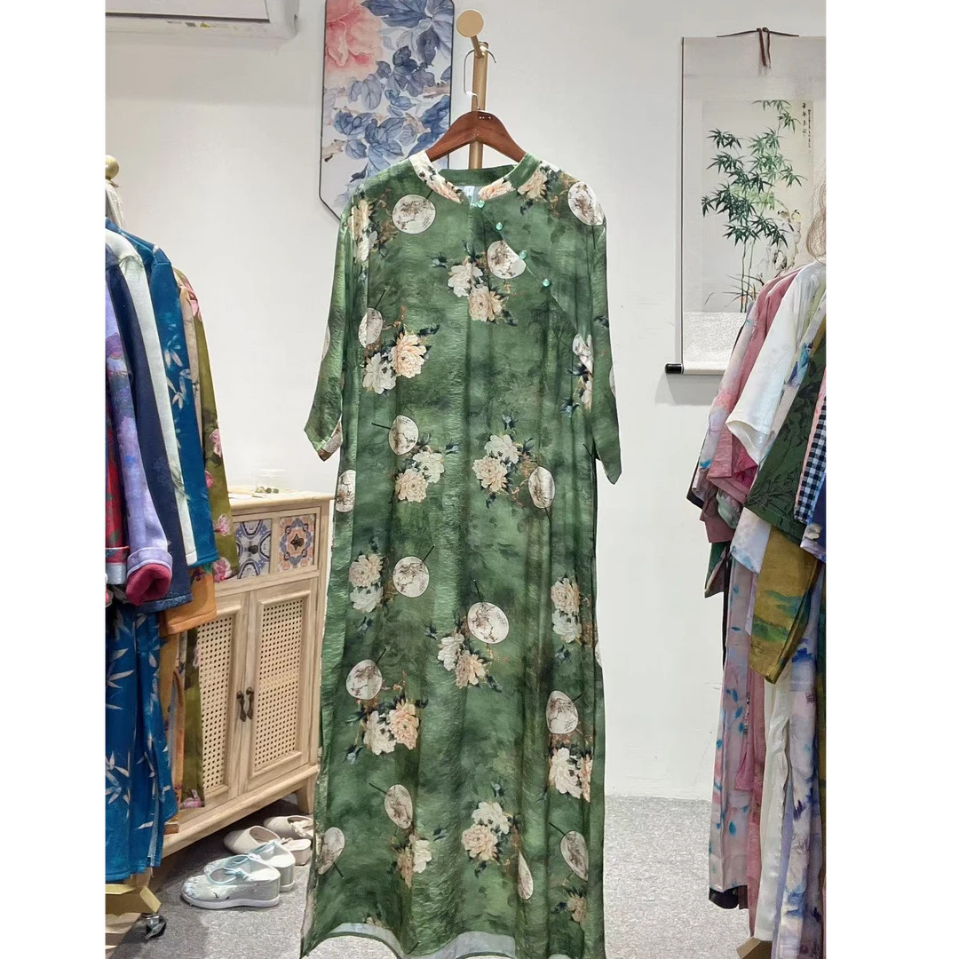 【美人扇绿】大码中袖连衣裙新中式复古改良旗袍中长裙新款女装103