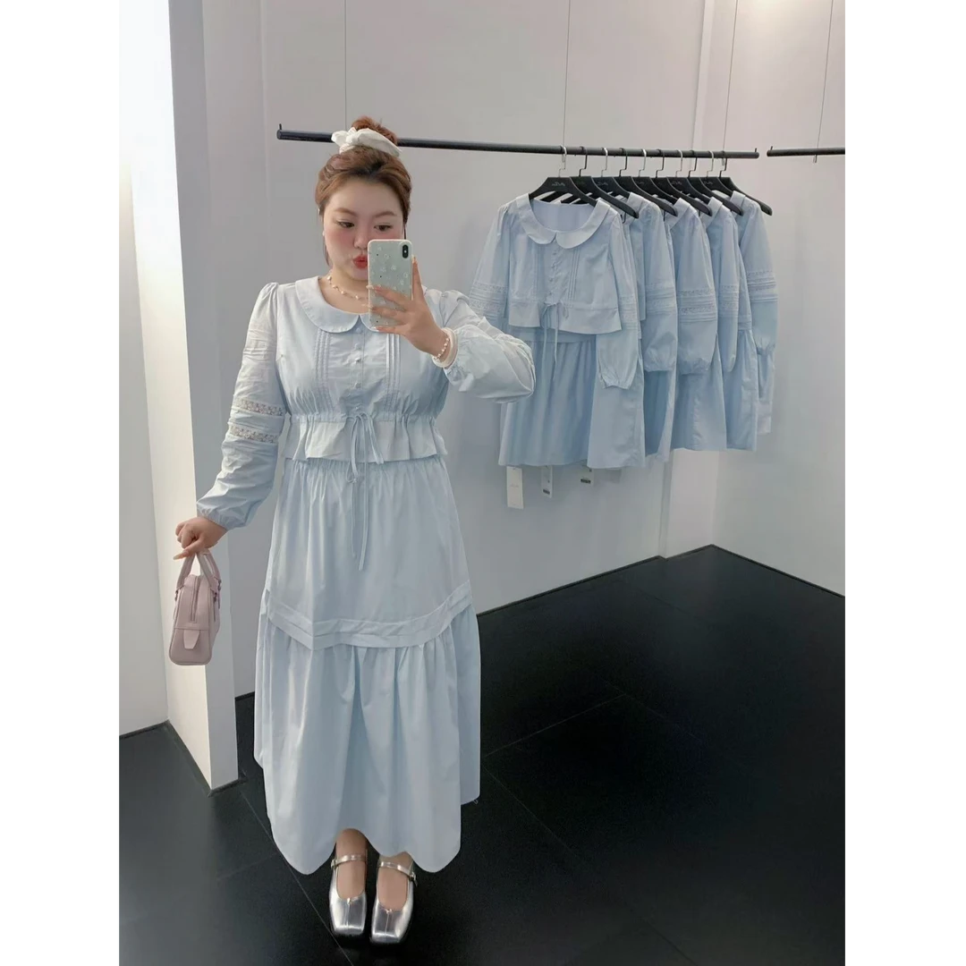 慧芝huizhi 海盐少女 定制款 娃娃领奶蓝色少女长裙套装