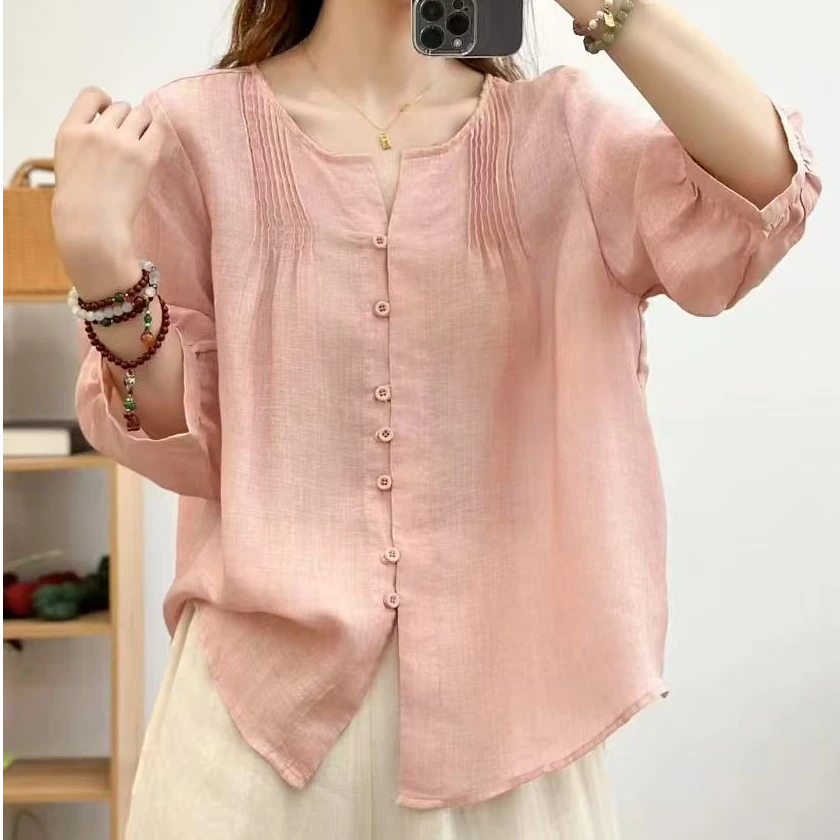 2025夏季新款苎麻衬衫压褶时尚休闲百搭显瘦七分袖衬衣薄款