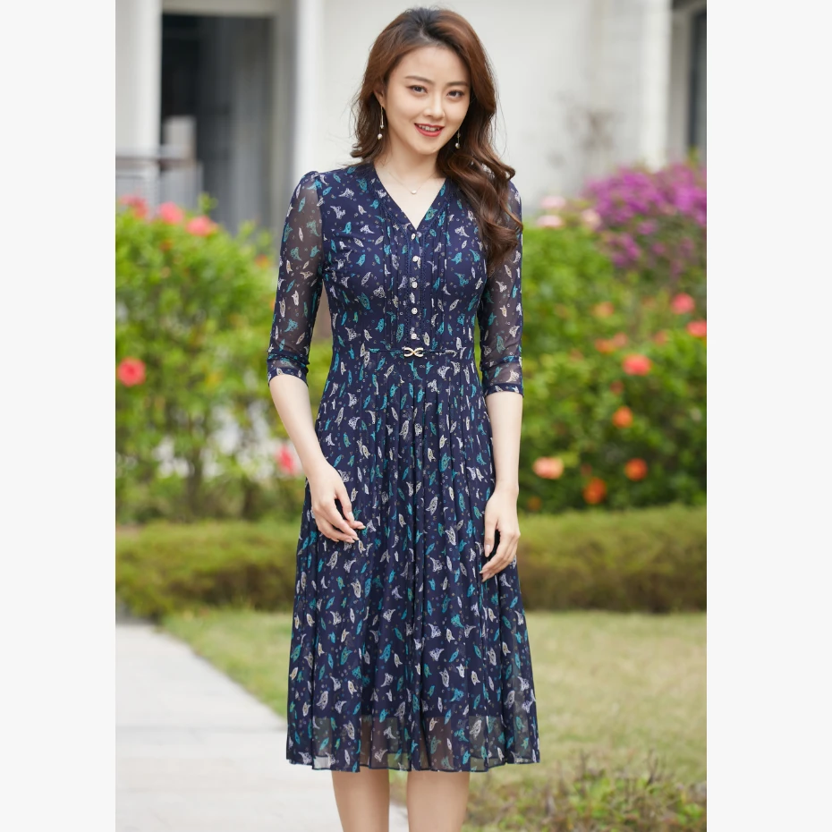 2025夏季中年妈妈装收腰中长款七分袖台湾纱女装连衣裙8318-53