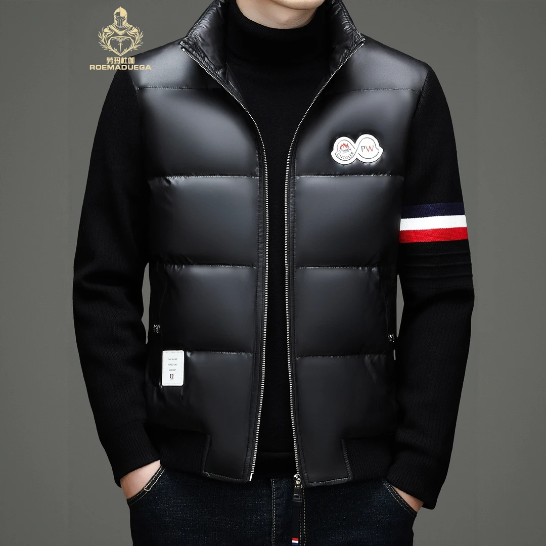 ROEMADUEGA劳玛杜伽立领羽绒服男冬季短款时尚针织袖拼接保暖外套