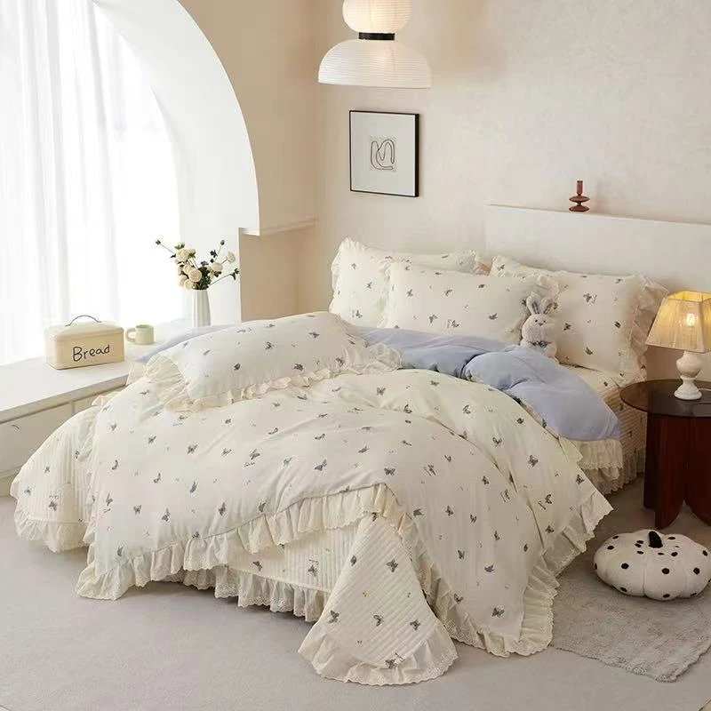 【金志轻奢】DJ超柔亲肤蕾丝花边双层纱床盖四件套-蝶恋