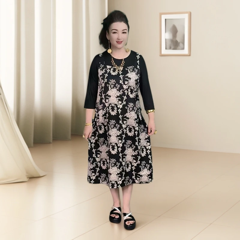 夏季新中式风中长裙拼接连衣裙( 中袖）جۇڭشۇ يەڭ